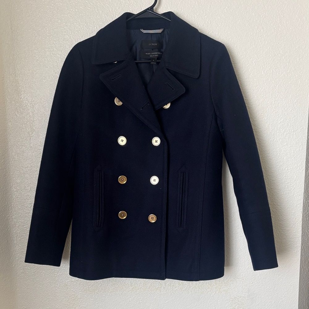 J. Crew Wool & Cashmere Midnight Blue Pea Coat with Gold Buttons Womens Size 4 - Picture 2 of 10